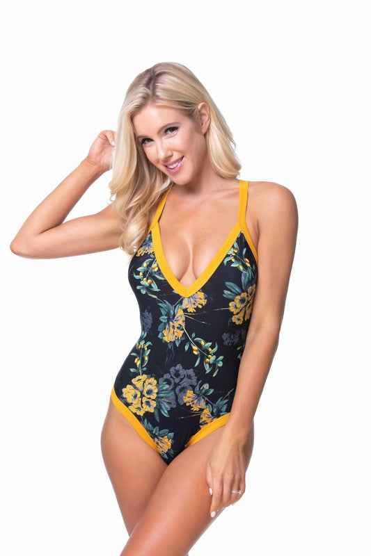 Yellow Floral Color Block One Piece Swimsuit