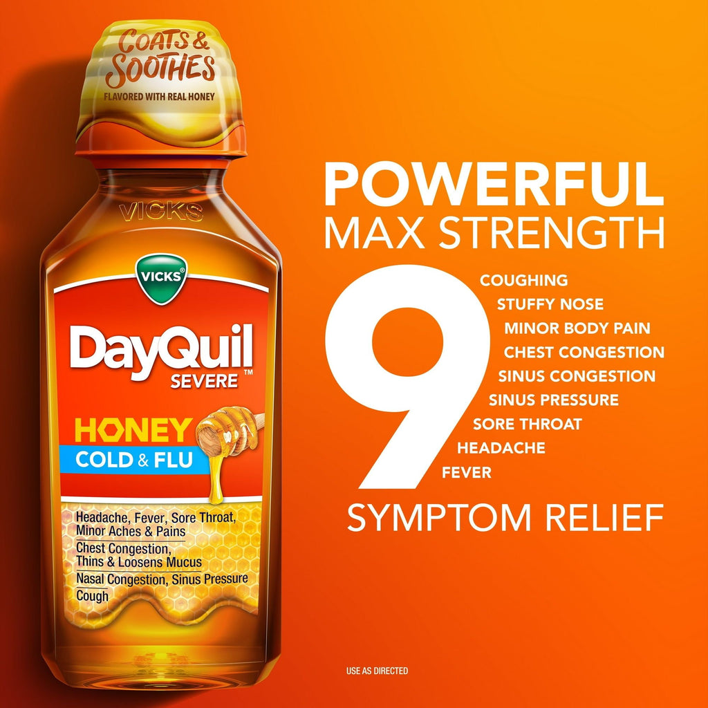 Vicks DayQuil Severe Liquid Medicine, Cold, Cough & Flu, over-the-Counter Medicine, Honey, 12 Oz