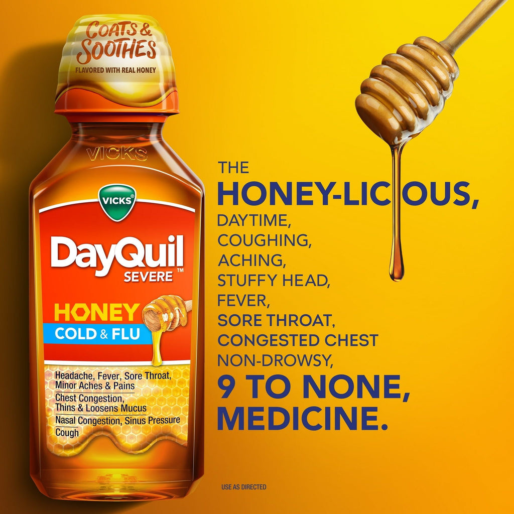 Vicks DayQuil Severe Liquid Medicine, Cold, Cough & Flu, over-the-Counter Medicine, Honey, 12 Oz
