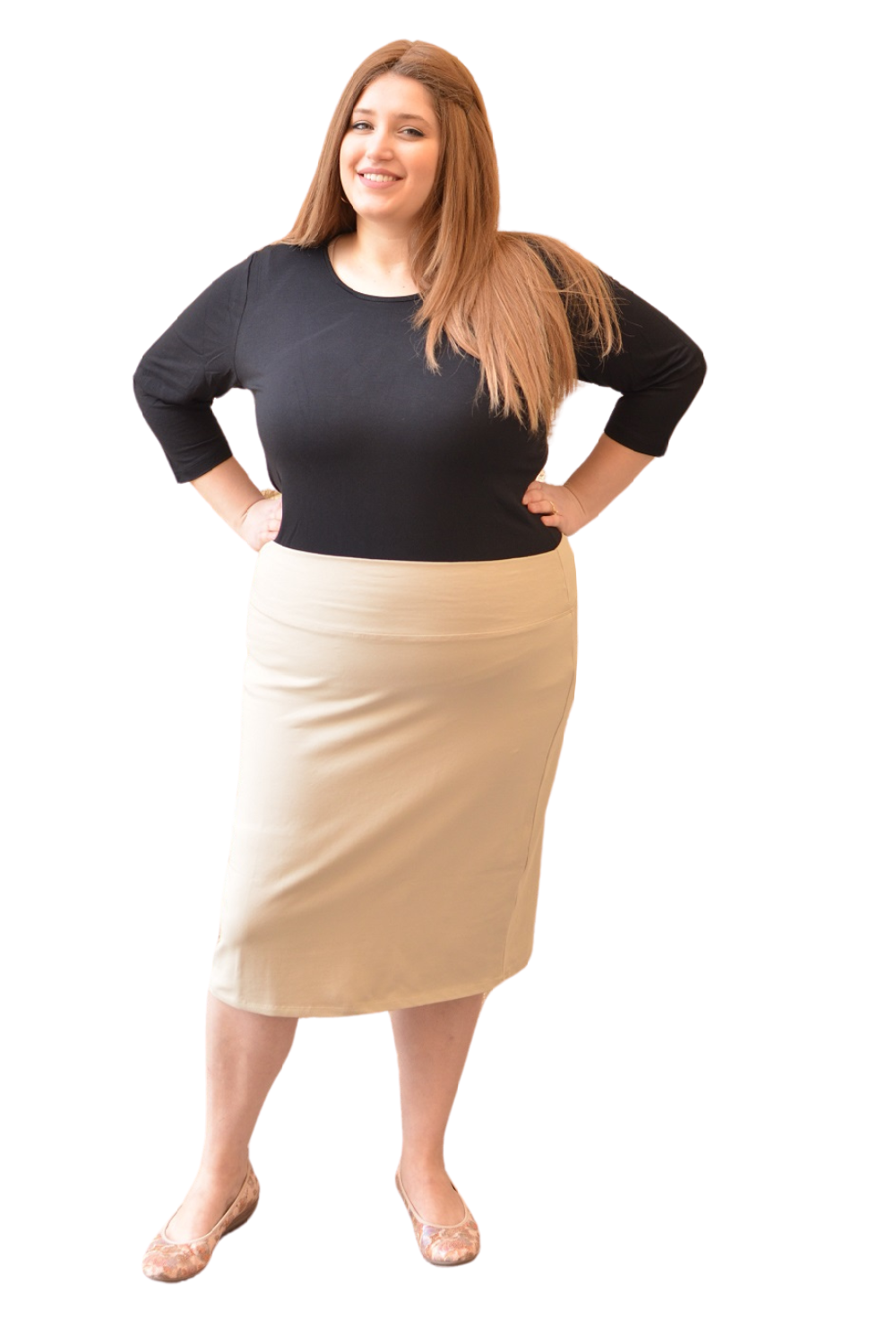 Plus Size Modest Stretch Knee Length Pencil Skirt in Cotton Spandex