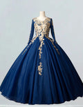 Navy long sleeve bride gown plus size wedding dress gown dark blue princess prom dress ball gown