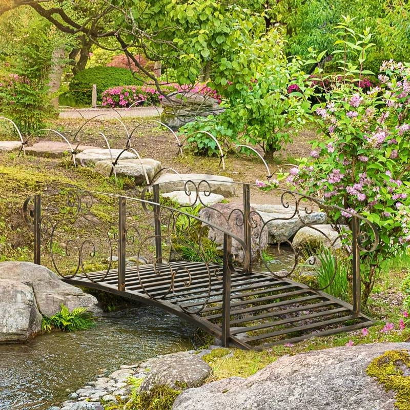 Outdoor Vintage Bronze Arch 6-ft Garden Bridge with Side-Rails