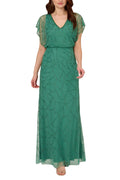 Adrianna Papell V-Neck Beaded Blouson Mermaid Gown with Short Sleeves (Plus Size)