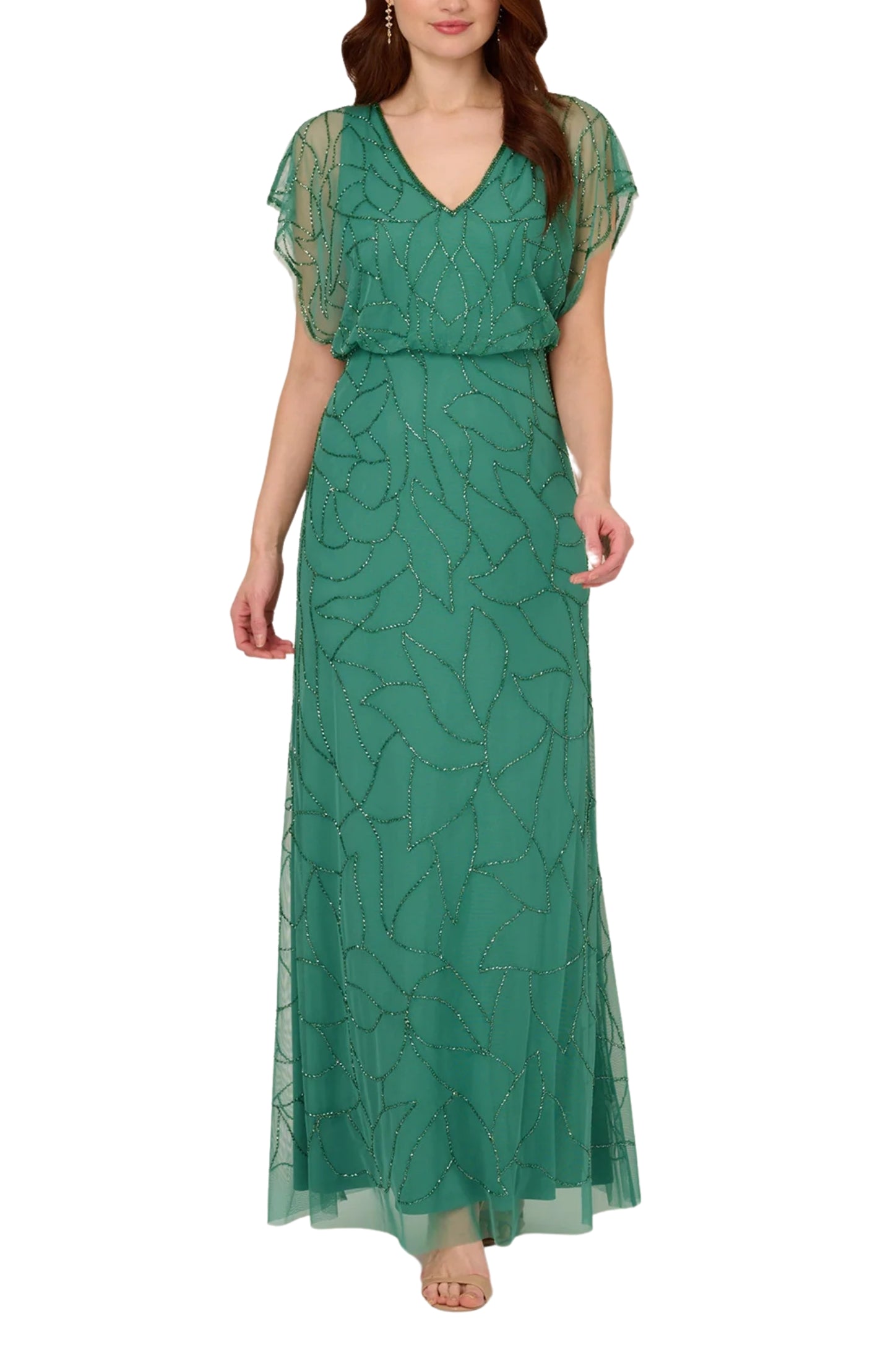 Adrianna Papell V-Neck Beaded Blouson Mermaid Gown with Short Sleeves (Plus Size)