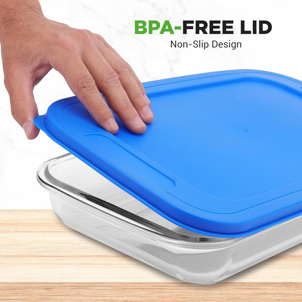 Set of 4 - Rectangular Oven Safe Glass Bakeware Set with Blue Plastic Lids
