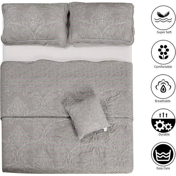 Queen size Ash Grey Damask Embroidered 4 Piece Oversized Bedspread Set
