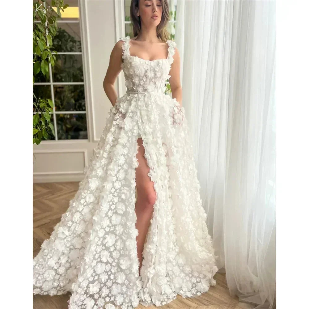 Kyoto Beige Wedding Dress | 3D Flower Lace-Up Back Gown -femstylo