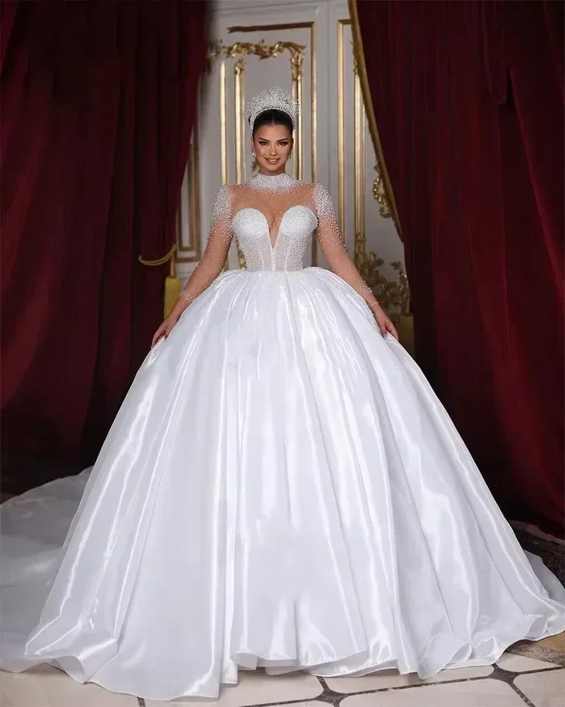 Flavinke Customized Wedding Dresses Long Sleeves High Neck Pearls Bridal Princess Ball Gown Chapel Trian Women vestidos de novia