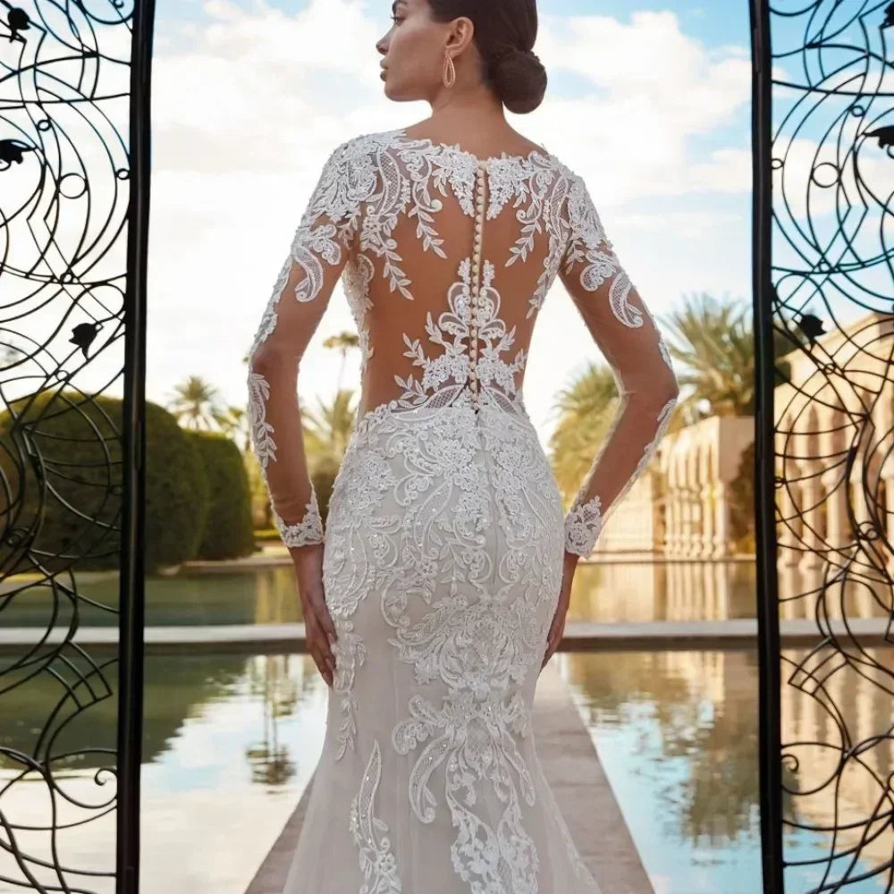 Boho Mermaid Wedding Dress - Long Sleeve Lace Gown Customizable | Femstylo