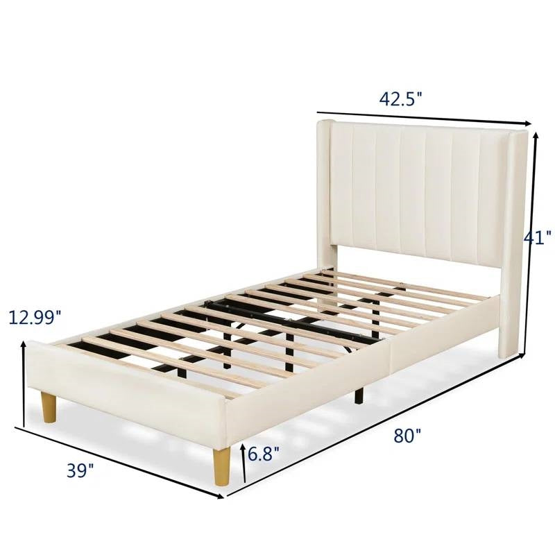 Twin size Mid-Century Platform Bed Frame with Cream Velvet Upholstered Headboard
