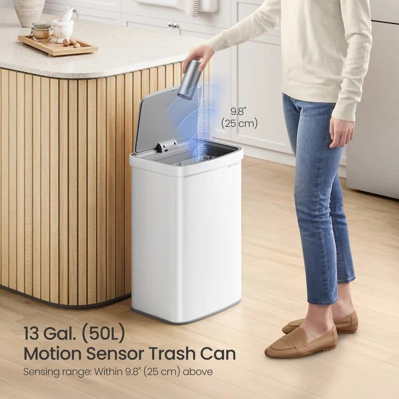 White 13-Gal. Trash Can with Motion Sensor Lid and Odor Absorbing Carbon Filter