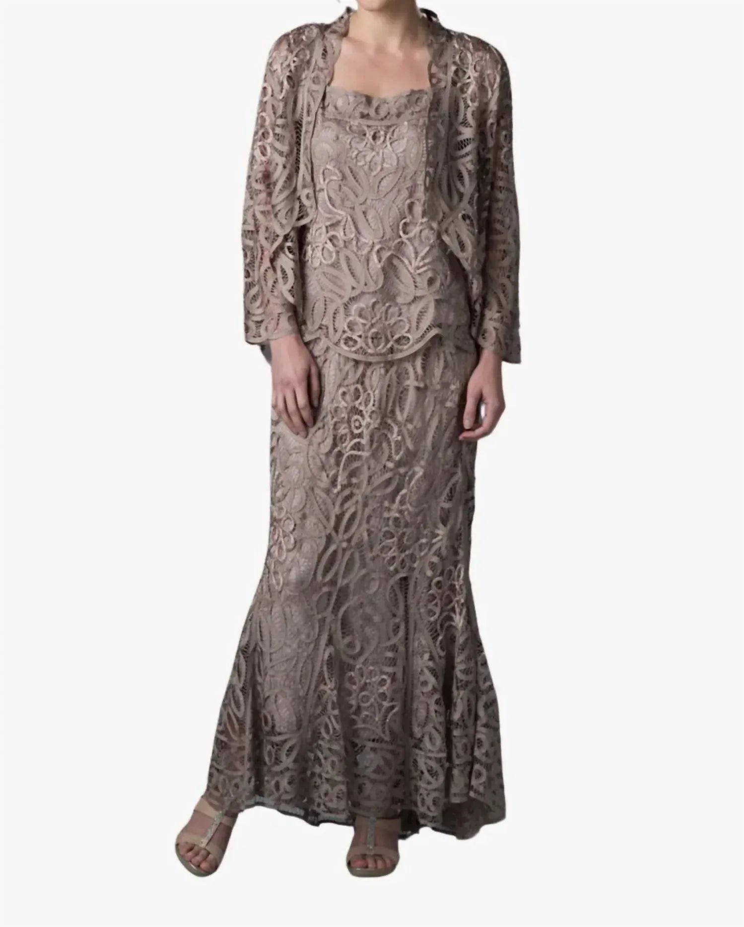 Lace Beaded 3 Piece Jacket Top Skirt Dress Set
