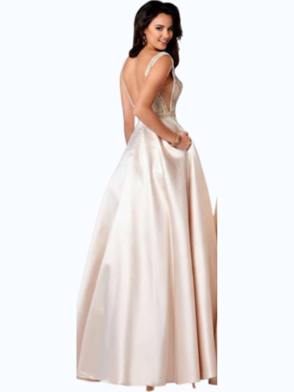 Beaded V-neck Satin A-line Evening Gown