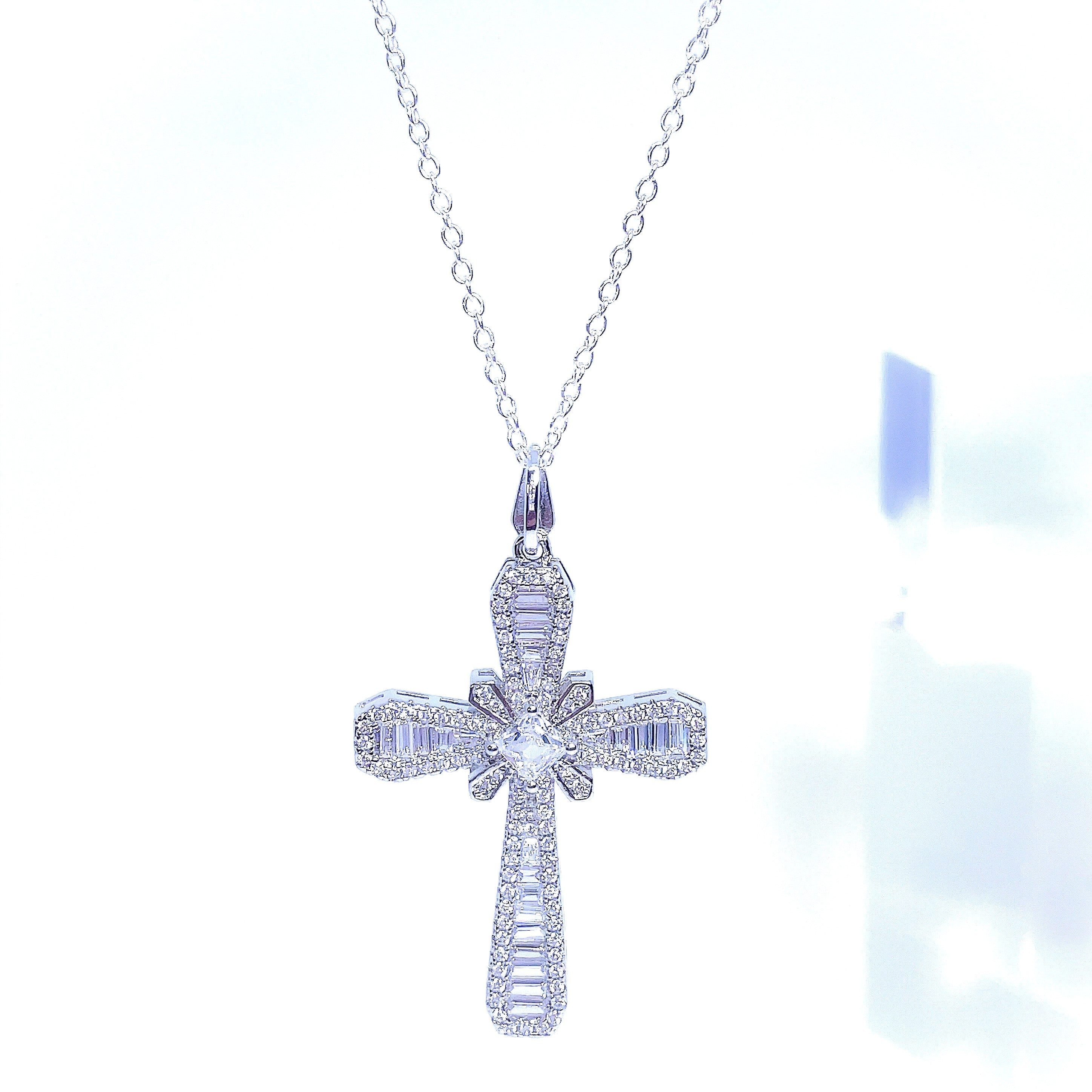 Emerald Cut Crystal Cross Necklace