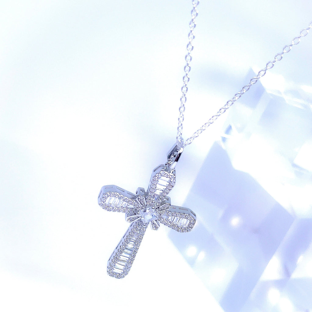 Emerald Cut Crystal Cross Necklace