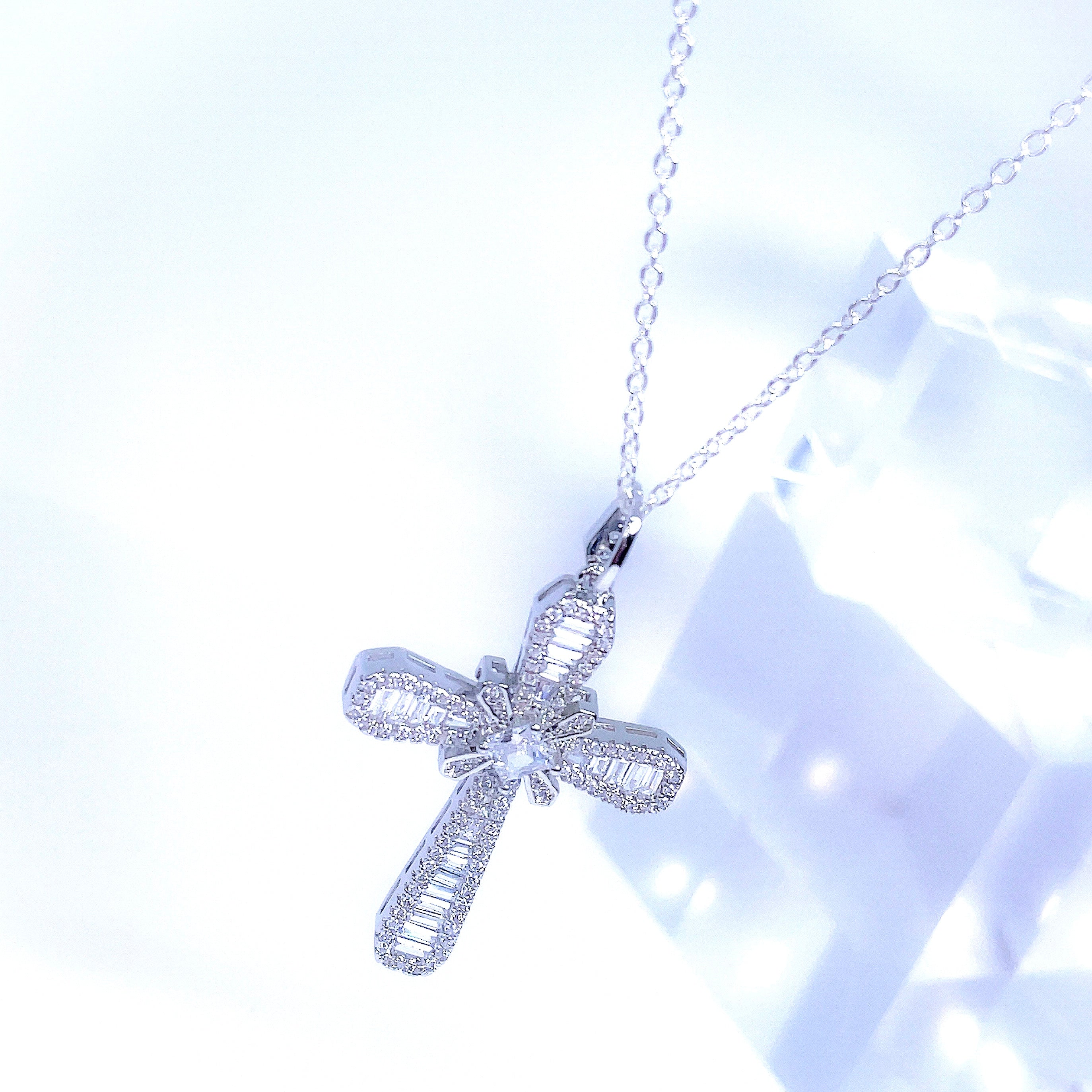 Emerald Cut Crystal Cross Necklace