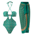 Hawaiian One Piece Swimsuit & Cover Up Wrap Skirt Set Halter Green Size L