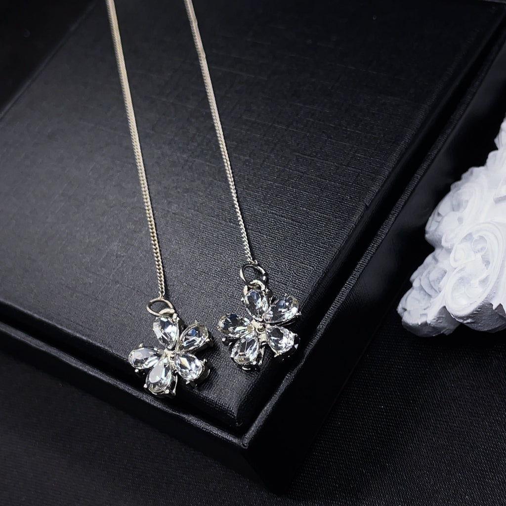 Crystal Flower Threader Earrings with Pearl Studs