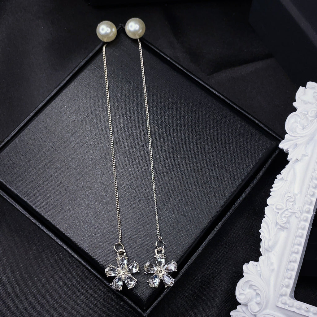 Crystal Flower Threader Earrings with Pearl Studs