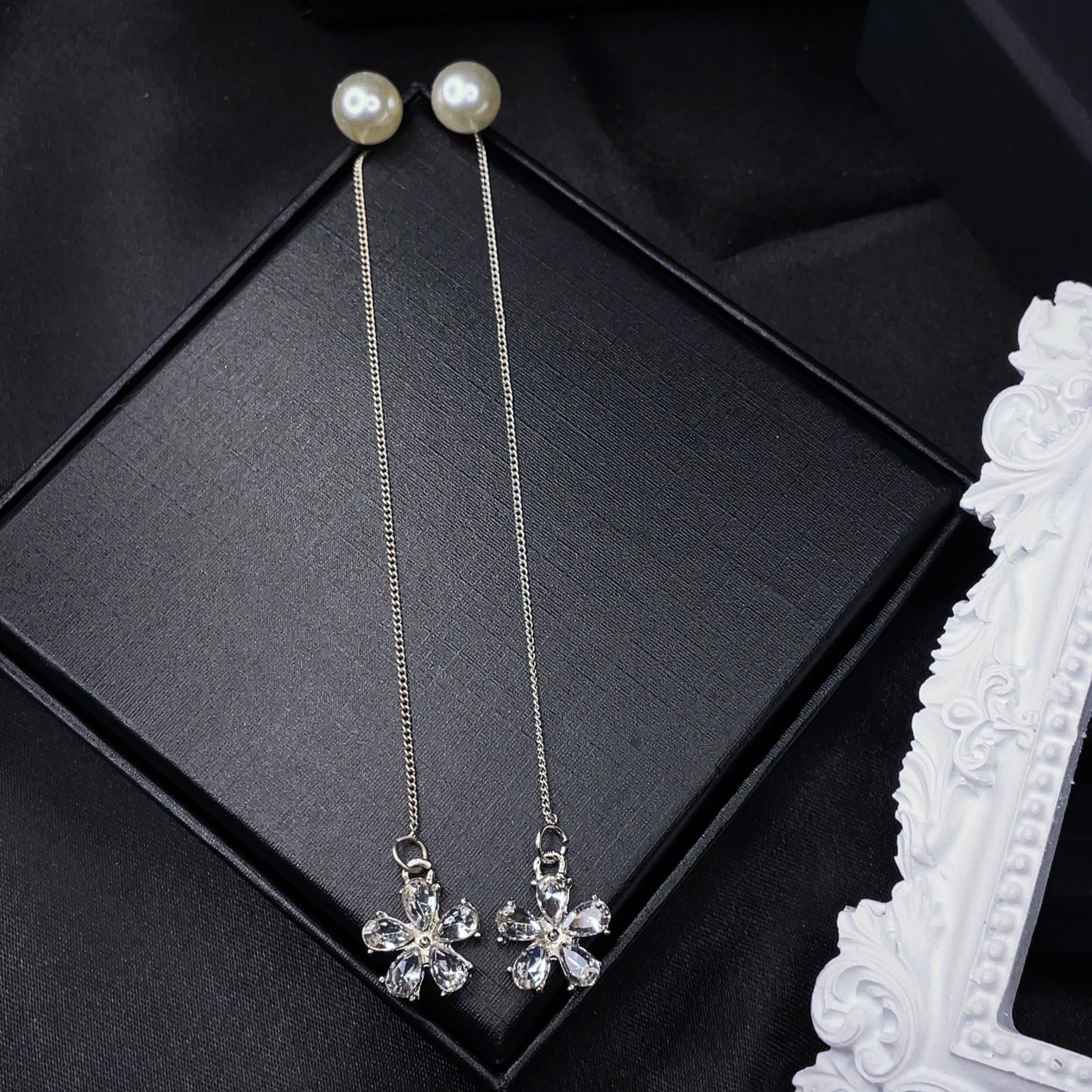 Crystal Flower Threader Earrings with Pearl Studs