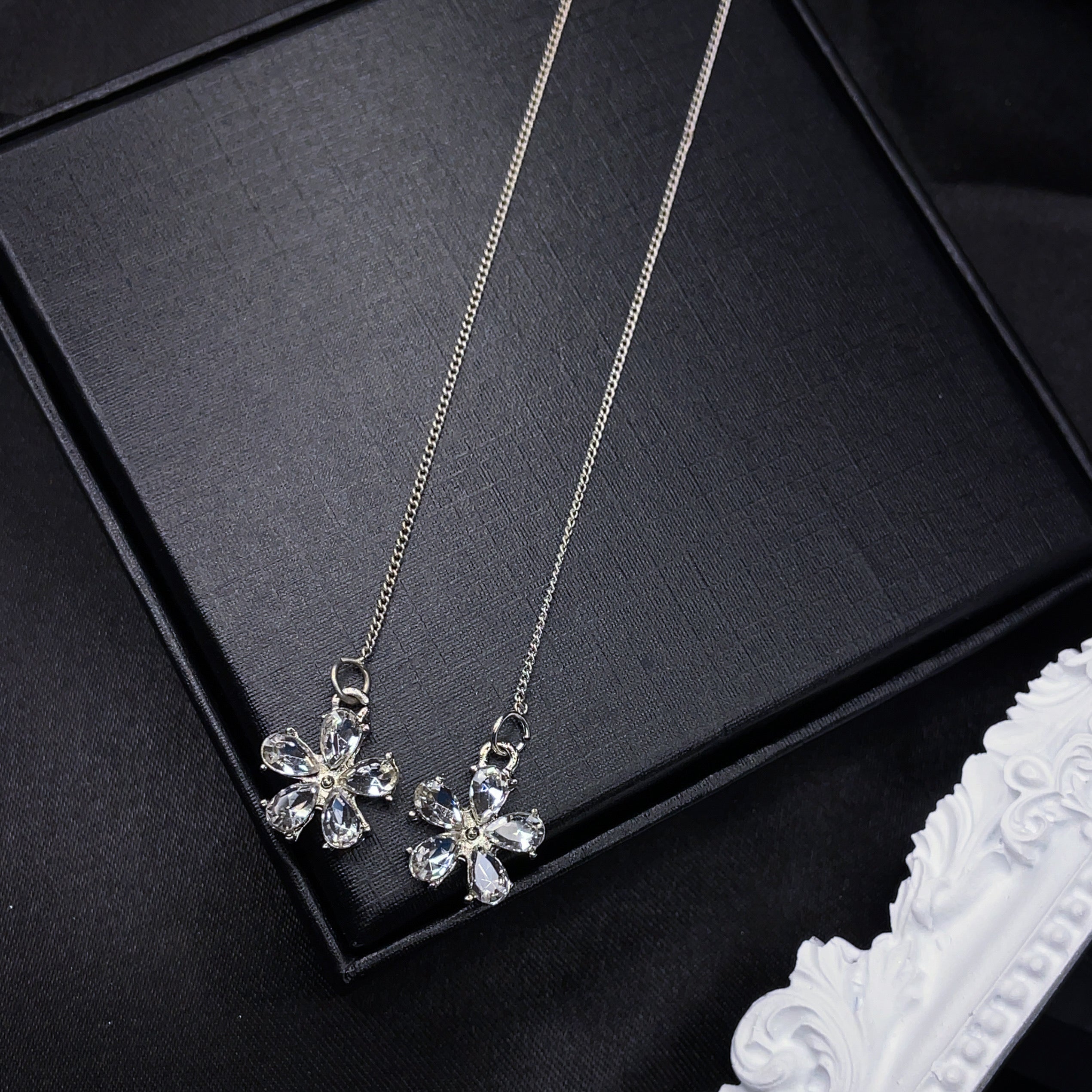 Crystal Flower Threader Earrings with Pearl Studs